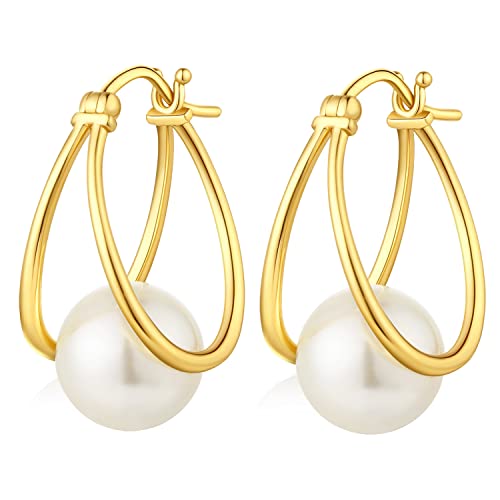 JiaYang Damen Perle Reif-Ohrringe Sterling Silber 925 mit 18K Gelbgold Vergoldet Perlenohrring Hängend Ohrhänger von JiaYang