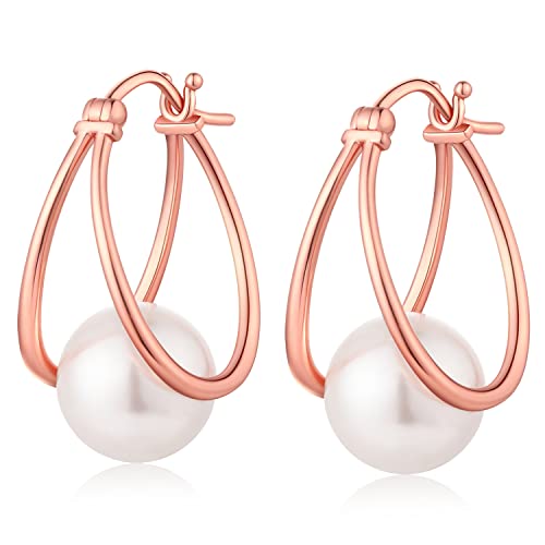 JiaYang Damen Perle Reif-Ohrringe Sterling Silber 925 mit 18K Rose Vergoldet Perlenohrring Hängend Ohrhänger JiaYang Damen Perle Reif-Ohrringe Sterling Silber 925 mit 18K Rose Vergoldet Perlenohrring Hängend Ohrhänger von JiaYang