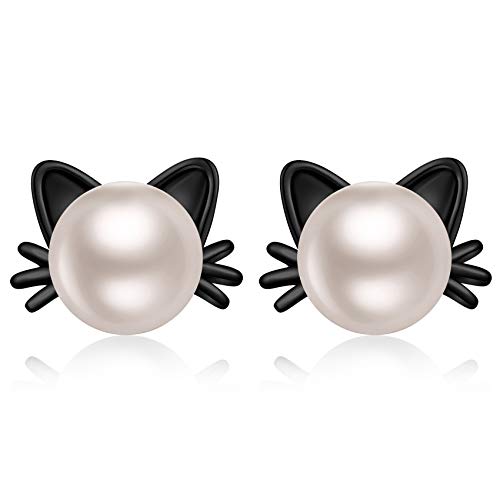 Schwarz Katzen Ohrringe Katzen Perlen Ohrringe für Damen Katzen Ohrstecker für Mädchen Katzen Schmuck Katzen Ohrringe Silber 925 Ohrringe Perlen Ohrstecker Tier Ohrringe Mädchen Ohrstecker für Tochter von JiaYang