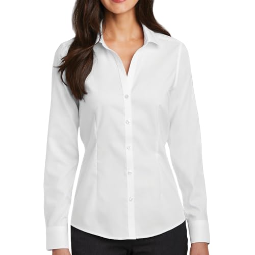 JiaYouLC Damen Langarm taillierte Blusen & Shirts Damen Einfarbig Stretch Button Down Shirts, weiß, S von JiaYouLC