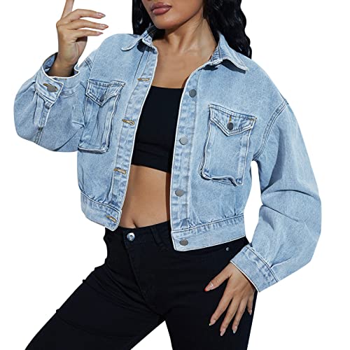 Damen Jeansjacke Kurz Übergangsjacke Leichte Jacke Denim Damen beschnittene Jeansjacke in Stonewash blau Button Down Cropped Fransen Denim Jacke Mantel von Jiabing