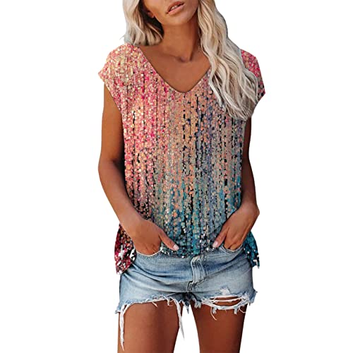 Jiabing Damen Kurzarm T-Shirt Mode Motiv Shirt Sommer Oberteile Casual V-Ausschnitte Blickdicht Tshirt Tunika Kurzen Ärmeln Hemd Bluse von Jiabing