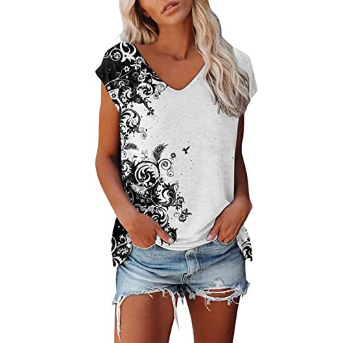 Damen Kurzarm T-Shirt Mode Motiv Shirt Sommer Oberteile Casual V-Ausschnitte Blickdicht Tshirt Tunika Kurzen Ärmeln Hemd Bluse von Jiabing