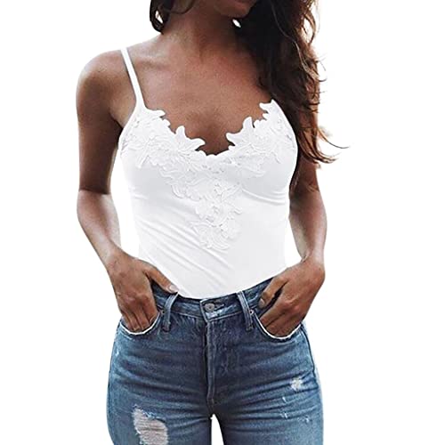 Damen Sexy Spitze Tops Sommer Ärmellos Schulterfrei Oberteile V-Ausschnitt Spaghetti Camisole Trägertop Tanktops Bequem Stretch Tank Top T-Shirt Unterhemd von Jiabing