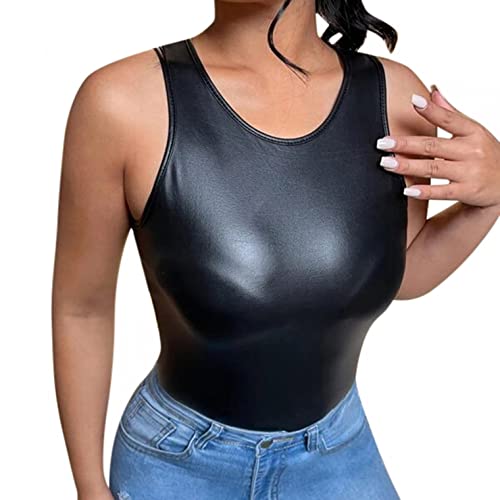 Damen Shirt Kunstleder Wetlook Tank Tops Sexy PU Leder T-Shirt Oberteile Trägertop Croptops Clubwear Bar Party Top Shirts von Jiabing