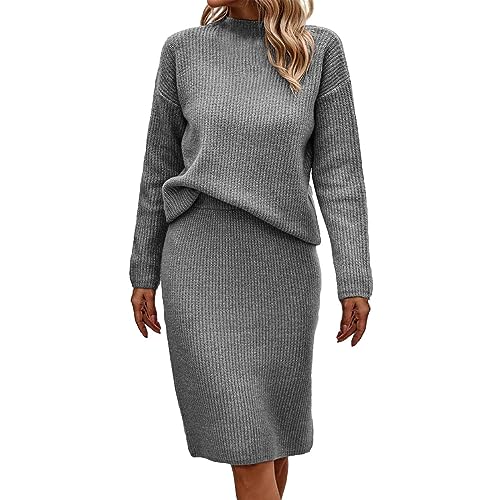 Damen Strickkleid Zweiteiliger Anzug Lange Rock Hälfte Rollkragen Pullover Set Pullover Oberteil und Midi Strickrock Bodycon 2 Stück Set Pulloverkleid Midikleid Elegant Rippenstrick Cami Kleid von Jiabing