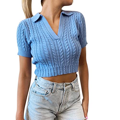 Damen Stricktop Crop Top Strick Kurzarm Oberteile Pullover V-Ausschnitt Bauchfrei T-Shirt Sweater Tops Sommer Sexy Slim Fit Croptops Tanktop Pullis von Jiabing