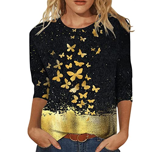 Damen T-Shirt 3/4 Arm Oberteile Tops Elegant Schmetterling Druck Shirt Tunika Lose Rundhals Sommershirts Mode Damenblusen Langarm Blumen Bluse Tshirt von Jiabing