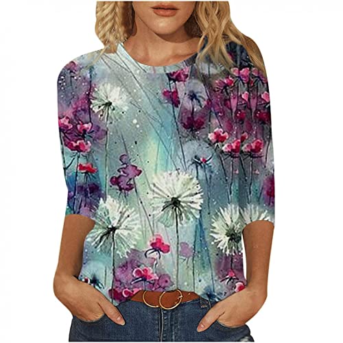 Damen T-Shirt 3/4 Arm Oberteile Tops Elegant Schmetterling Druck Shirt Tunika Lose Rundhals Sommershirts Mode Damenblusen Langarm Blumen Bluse Tshirt von Jiabing