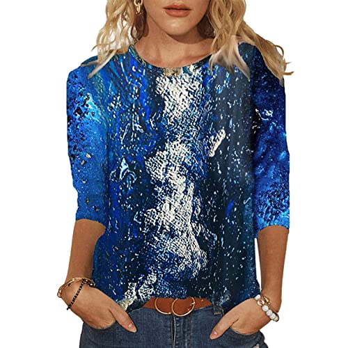 Damen T-Shirt 3/4 Arm Oberteile Tops Elegant Schmetterling Druck Shirt Tunika Lose Rundhals Sommershirts Mode Damenblusen Langarm Blumen Bluse Tshirt von Jiabing