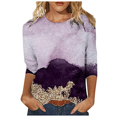 Damen T-Shirt 3/4 Arm Oberteile Tops Elegant Schmetterling Druck Shirt Tunika Lose Rundhals Sommershirts Mode Damenblusen Langarm Blumen Bluse Tshirt von Jiabing