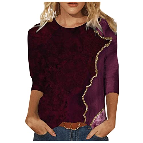 Damen T-Shirt 3/4 Arm Oberteile Tops Elegant Schmetterling Druck Shirt Tunika Lose Rundhals Sommershirts Mode Damenblusen Langarm Blumen Bluse Tshirt von Jiabing