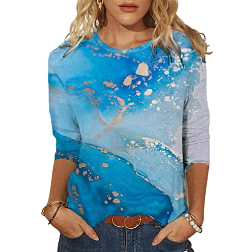 Damen T-Shirt 3/4 Arm Oberteile Tops Elegant Schmetterling Druck Shirt Tunika Lose Rundhals Sommershirts Mode Damenblusen Langarm Blumen Bluse Tshirt von Jiabing