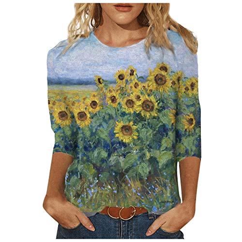 Damen T-Shirt 3/4 Arm Oberteile Tops Elegant Schmetterling Druck Shirt Tunika Lose Rundhals Sommershirts Mode Damenblusen Langarm Blumen Bluse Tshirt von Jiabing