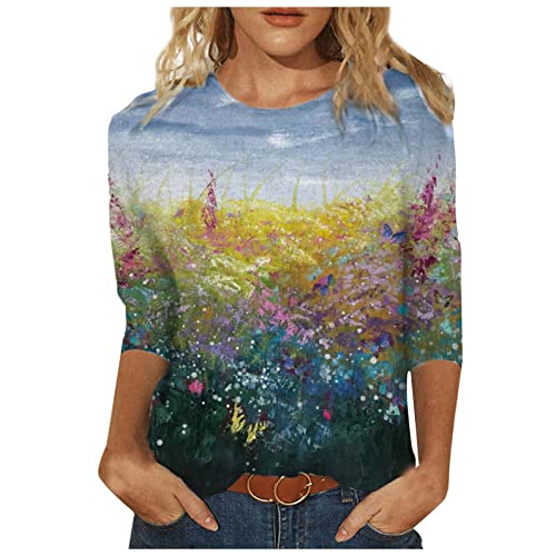 Damen T-Shirt 3/4 Arm Oberteile Tops Elegant Schmetterling Druck Shirt Tunika Lose Rundhals Sommershirts Mode Damenblusen Langarm Blumen Bluse Tshirt von Jiabing