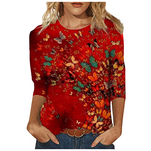 Damen T-Shirt 3/4 Arm Oberteile Tops Elegant Schmetterling Druck Shirt Tunika Lose Rundhals Sommershirts Mode Damenblusen Langarm Blumen Bluse Tshirt von Jiabing