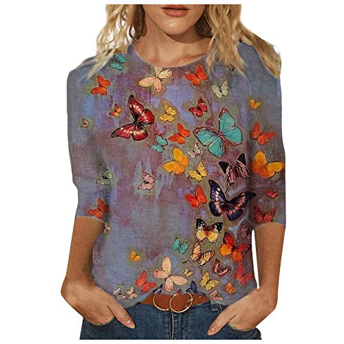 Damen T-Shirt 3/4 Arm Oberteile Tops Elegant Schmetterling Druck Shirt Tunika Lose Rundhals Sommershirts Mode Damenblusen Langarm Blumen Bluse Tshirt von Jiabing