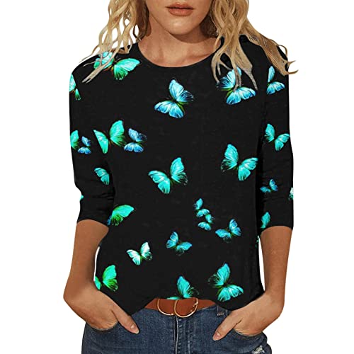 Damen T-Shirt 3/4 Arm Oberteile Tops Elegant Schmetterling Druck Shirt Tunika Lose Rundhals Sommershirts Mode Damenblusen Langarm Blumen Bluse Tshirt von Jiabing