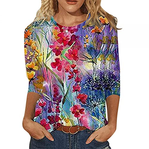 Damen T-Shirt 3/4 Arm Oberteile Tops Elegant Schmetterling Druck Shirt Tunika Lose Rundhals Sommershirts Mode Damenblusen Langarm Blumen Bluse Tshirt von Jiabing