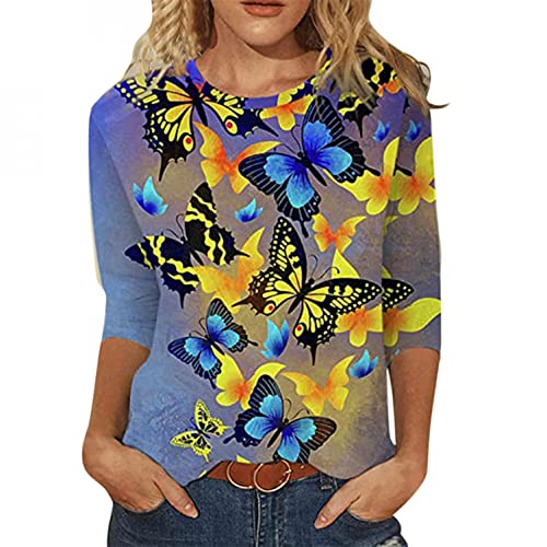 Damen T-Shirt 3/4 Arm Oberteile Tops Elegant Schmetterling Druck Shirt Tunika Lose Rundhals Sommershirts Mode Damenblusen Langarm Blumen Bluse Tshirt von Jiabing