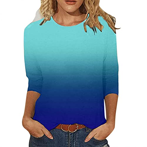 Damen T-Shirt 3/4 Arm Tops Tie-Dye Shirt Tunika Lose Rundhals Oberteile Sommershirts Frauen Mode Farbverlauf Longshirt Damenblusen Langarm Blumen Bluse Tshirt von Jiabing