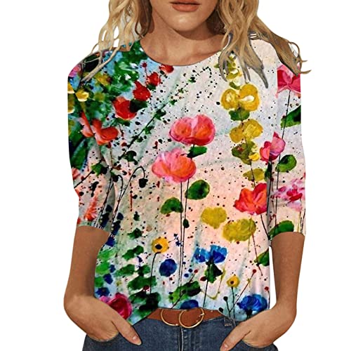 Jiabing Bluse Damen Elegant Damen T-Shirt 3/4 Arm Oberteile Tops Bunte Blumenmuster Druck Tunika Shirt Lose Rundhals Sommershirts Mode Damenblusen Langarm Blumen Bluse Tshirt von Jiabing