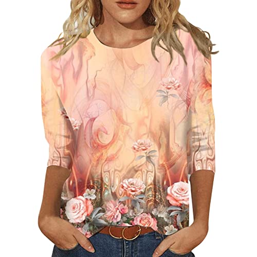 Jiabing Bluse Damen Elegant Damen T-Shirt 3/4 Arm Oberteile Tops Bunte Blumenmuster Druck Tunika Shirt Lose Rundhals Sommershirts Mode Damenblusen Langarm Blumen Bluse Tshirt von Jiabing