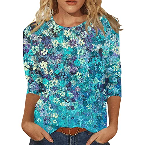 Jiabing Bluse Damen Elegant Damen T-Shirt 3/4 Arm Oberteile Tops Bunte Blumenmuster Druck Tunika Shirt Lose Rundhals Sommershirts Mode Damenblusen Langarm Blumen Bluse Tshirt von Jiabing