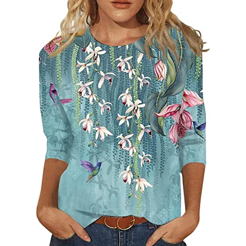 Bluse Damen Elegant Damen T-Shirt 3/4 Arm Oberteile Tops Bunte Blumenmuster Druck Tunika Shirt Lose Rundhals Sommershirts Mode Damenblusen Langarm Blumen Bluse Tshirt von Jiabing