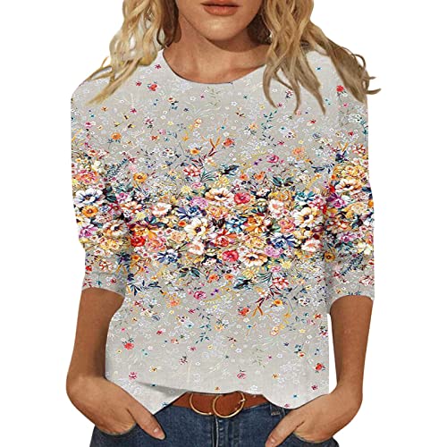 Jiabing Bluse Damen Elegant Damen T-Shirt 3/4 Arm Oberteile Tops Bunte Blumenmuster Druck Tunika Shirt Lose Rundhals Sommershirts Mode Damenblusen Langarm Blumen Bluse Tshirt von Jiabing