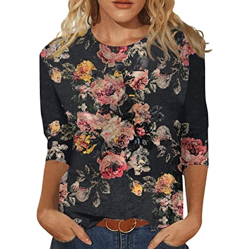 Jiabing Bluse Damen Elegant Damen T-Shirt 3/4 Arm Oberteile Tops Bunte Blumenmuster Druck Tunika Shirt Lose Rundhals Sommershirts Mode Damenblusen Langarm Blumen Bluse Tshirt von Jiabing