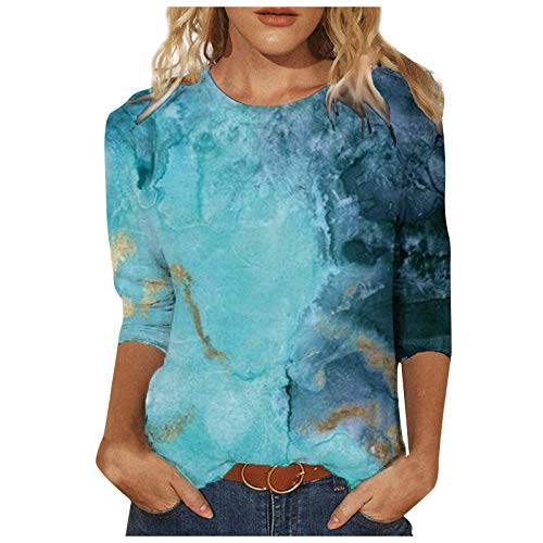 Jiabing Bluse Damen Elegant Damen T-Shirt 3/4 Arm Oberteile Tops Bunte Blumenmuster Druck Tunika Shirt Lose Rundhals Sommershirts Mode Damenblusen Langarm Blumen Bluse Tshirt von Jiabing