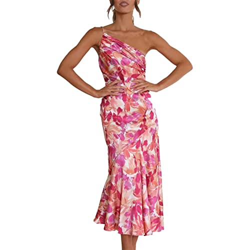 Jiabing Damen Ärmellos Maxikleid Casual Cami-Kleid Böhmisch Kleid Spaghettiträger Smocked Cocktailkleid Rüschen Freizeitkleid Strandkleid Blumenkleid Schräg Neck Strap Ärmellos Fishtail Print Kleid von Jiabing