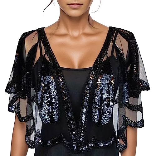 Jiabing Damen Elegant Chiffon Bolero Festlich Vorne Offene Halbarm Bolerojacke Leicht Cardigan Top Elegant schulterfrei dünn Paillettenkleid Cape Schal für Abendkleid Hochzeit Sommer von Jiabing