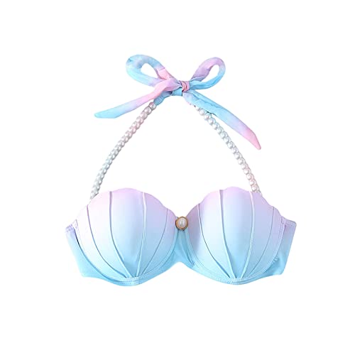 Jiabing Damen Meerjungfrau BH Bikinioberteile Meerjungfrau Bikini Bra Muschel Oberteile Tops Bügel Push Up Badeanzug Neckholder Bikinitop Clubwear Karneval Halloween Cosplay Kostüm Faschingskostüm von Jiabing