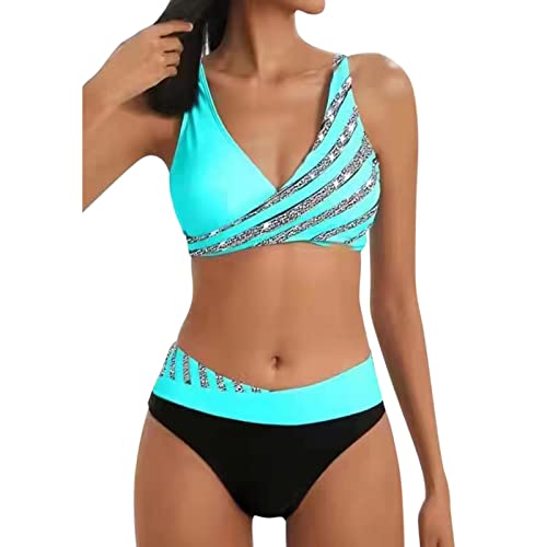 Jiabing Damen Push Up Bikini Set Wickeloptik Glänzend Strass Zweiteiler Badeanzug Sport V-Ausschnitt Bikini Bademode Farbblock Badebekleidung Strandmode Swimsuits von Jiabing