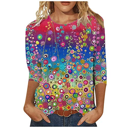 Damen T Shirt 3/4 Arm Oberteile Tops Aquarelle Motiv Damenshirts Bunte Blumenmuster Druck Tunika T-Shirt Lose Rundhals Sommershirts Mode Herbst Damenblusen Langarm Blumen Bluse Tshirt von Jiabing