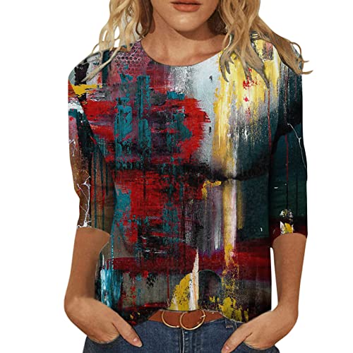 Jiabing Damen T Shirt 3/4 Arm Oberteile Tops Aquarelle Motiv Damenshirts Bunte Blumenmuster Druck Tunika T-Shirt Lose Rundhals Sommershirts Mode Herbst Damenblusen Langarm Blumen Bluse Tshirt von Jiabing