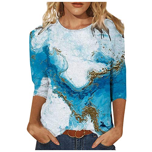 Jiabing Damen T Shirt 3/4 Arm Oberteile Tops Aquarelle Motiv Damenshirts Bunte Blumenmuster Druck Tunika T-Shirt Lose Rundhals Sommershirts Mode Herbst Damenblusen Langarm Blumen Bluse Tshirt von Jiabing