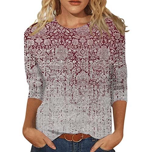 Jiabing Damen T Shirt 3/4 Arm Oberteile Tops Aquarelle Motiv Damenshirts Bunte Blumenmuster Druck Tunika T-Shirt Lose Rundhals Sommershirts Mode Herbst Damenblusen Langarm Blumen Bluse Tshirt von Jiabing