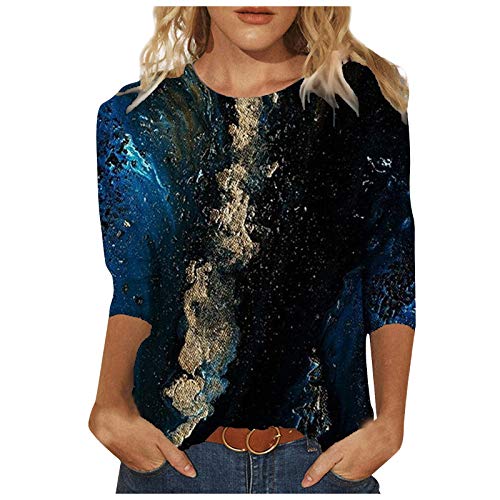 Jiabing Damen T Shirt 3/4 Arm Oberteile Tops Aquarelle Motiv Damenshirts Bunte Blumenmuster Druck Tunika T-Shirt Lose Rundhals Sommershirts Mode Herbst Damenblusen Langarm Blumen Bluse Tshirt von Jiabing