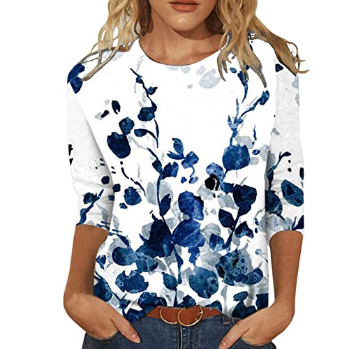 Jiabing Damen T Shirt 3/4 Arm Oberteile Tops Aquarelle Motiv Damenshirts Bunte Blumenmuster Druck Tunika T-Shirt Lose Rundhals Sommershirts Mode Herbst Damenblusen Langarm Blumen Bluse Tshirt von Jiabing