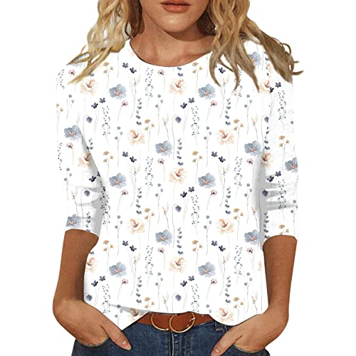 Jiabing Damen T Shirt 3/4 Arm Oberteile Tops Aquarelle Motiv Damenshirts Bunte Blumenmuster Druck Tunika T-Shirt Lose Rundhals Sommershirts Mode Herbst Damenblusen Langarm Blumen Bluse Tshirt von Jiabing