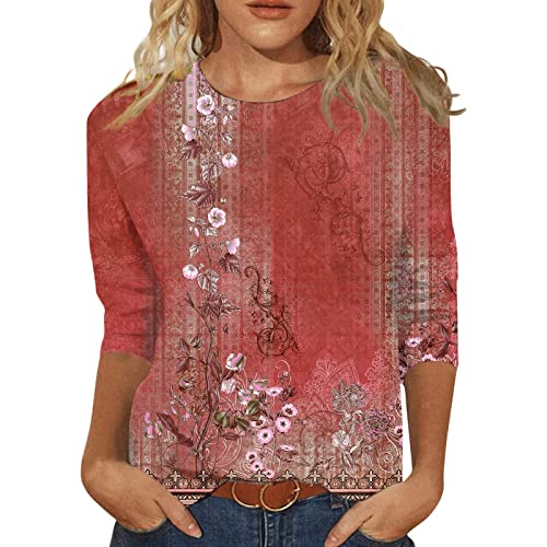 Jiabing Damen T-Shirt 3/4 Arm Oberteile Tops Bunte Blumenmuster Druck Tunika Shirt Lose Rundhals Sommershirts Mode Damenblusen Langarm Blumen Bluse Tshirt von Jiabing