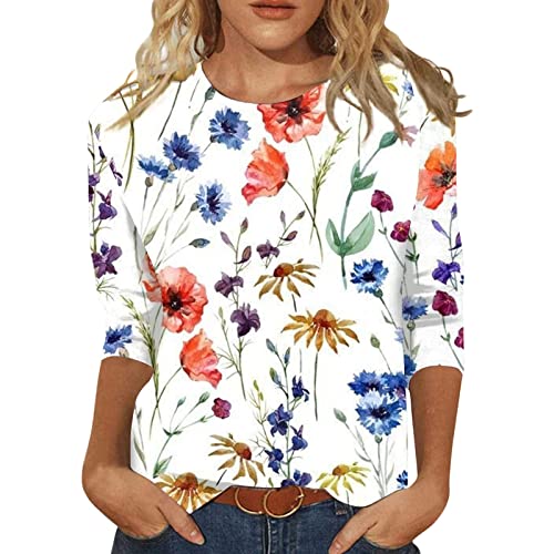 Jiabing Damen T-Shirt 3/4 Arm Oberteile Tops Bunte Blumenmuster Druck Tunika Shirt Lose Rundhals Sommershirts Mode Damenblusen Langarm Blumen Bluse Tshirt von Jiabing