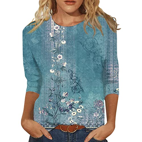 Jiabing Damen T-Shirt 3/4 Arm Oberteile Tops Bunte Blumenmuster Druck Tunika Shirt Lose Rundhals Sommershirts Mode Damenblusen Langarm Blumen Bluse Tshirt von Jiabing