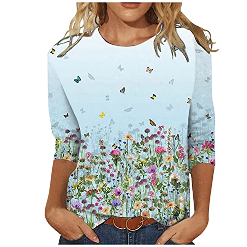 Damen T-Shirt 3/4 Arm Oberteile Tops Bunte Blumenmuster Druck Tunika Shirt Lose Rundhals Sommershirts Mode Damenblusen Langarm Blumen Bluse Tshirt von Jiabing