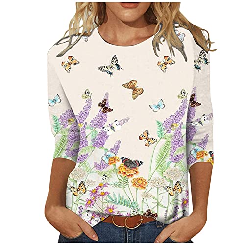 Damen T-Shirt 3/4 Arm Oberteile Tops Bunte Blumenmuster Druck Tunika Shirt Lose Rundhals Sommershirts Mode Damenblusen Langarm Blumen Bluse Tshirt von Jiabing