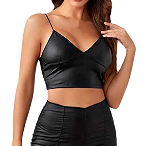 Jiabing Damen Wetlook Kunstleder Crop Top Sexy V-Ausschnitt Metallic Trägertop Bustier Korsett Bauchfrei Oberteile Clubwear Partywear Leder Top Croptop T-Shirt von Jiabing