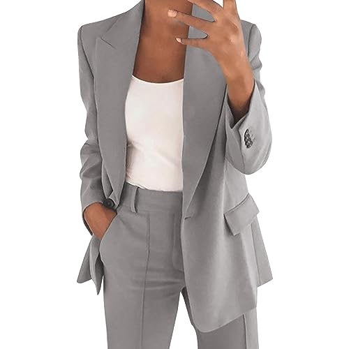 Jiabing Hosenanzug Damen Elegant Business Anzug Set 2-Teilig Slim Fit Blazer Hose Outfit Casual Sportlich Freizeitanzug Mode Revers Longblazer Lang Hosen Baumwolle Einfarbig Streetwear von Jiabing